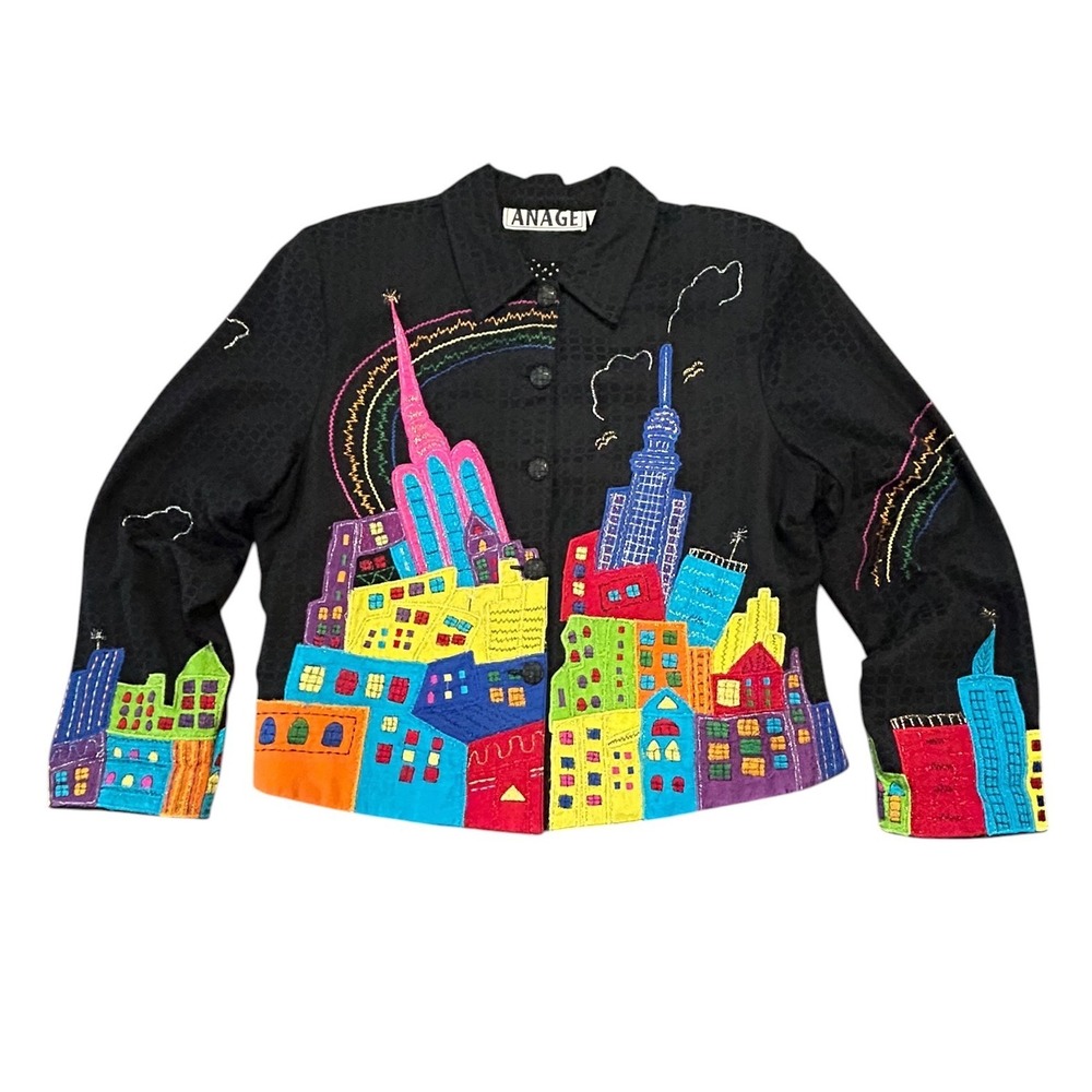 Vintage Anage Embroidered NYC Skyline Jacket Wearable Art Whimsical